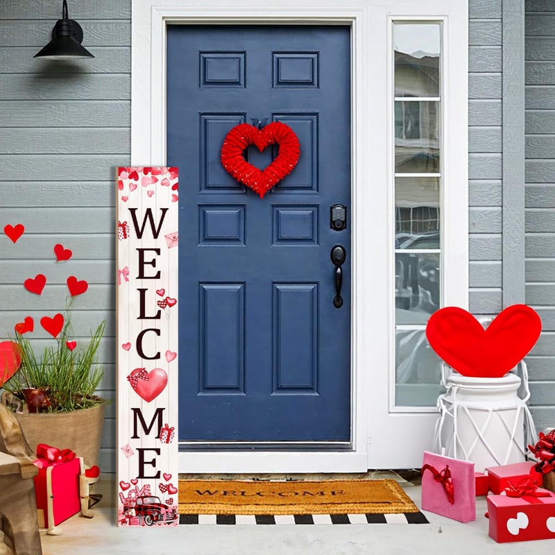 Seimip Valentines Day Porch Sign Love Heart Welcome Sign For Front Door Pink Valentines Decor Porch Sign Outdoor Yard Sign Home Indoor Wooden Vertical Sign Wall Sign For Front Patio Garden Porch - Image 2